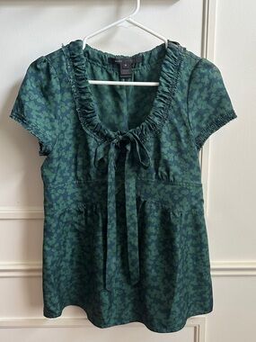 Marc Jacobs Green Silk Ruffle Tie-Neck Short Sleeve Blouse